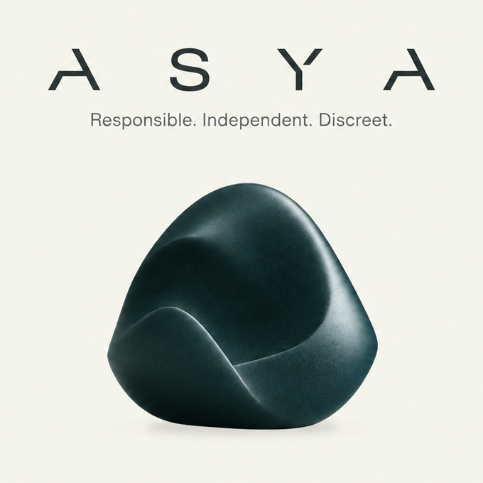 The ASYA name and the words “Responsible. Independent. Discreet.” above the dark green Gömböc.