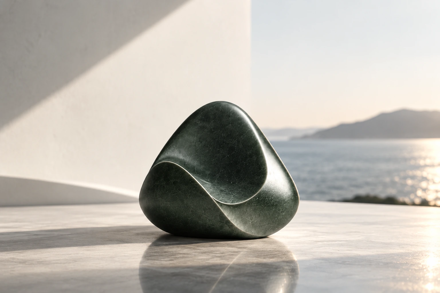 A deep green Gömböc on a stone terrace, the sea and hills behind it.